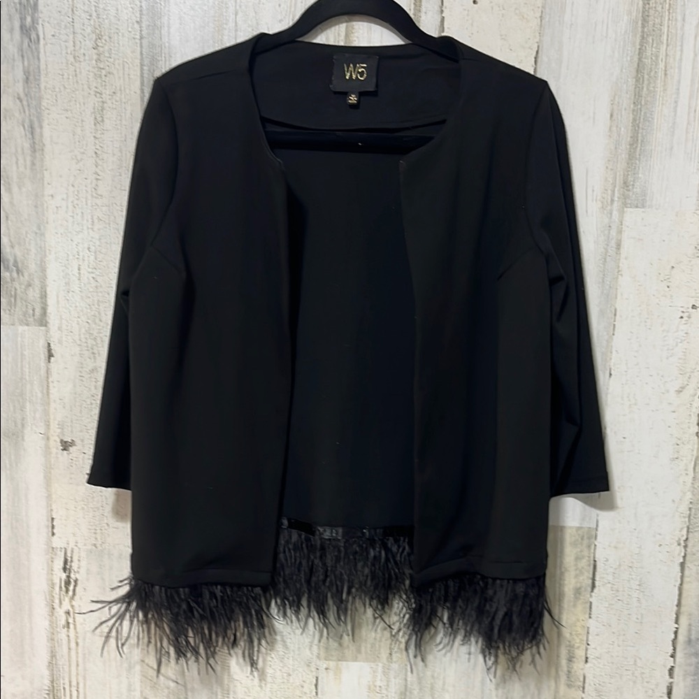 Feather Trim W5 Black Jacket Cardigan with Feather Hem